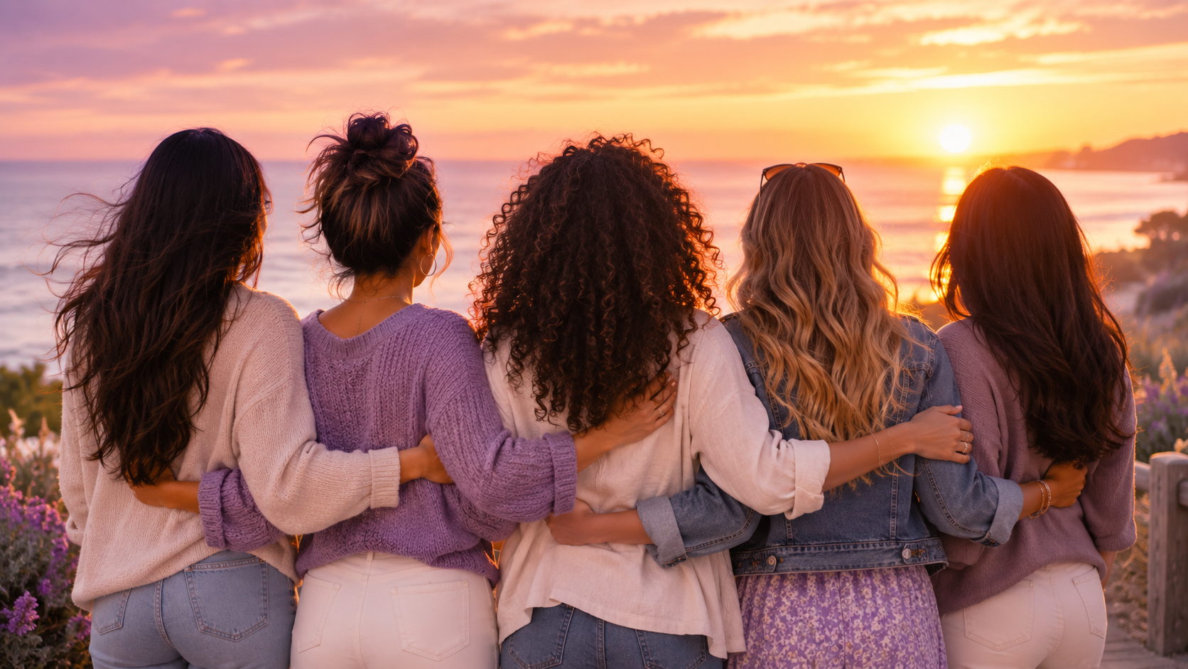 A diverse group of women standing together at sunset